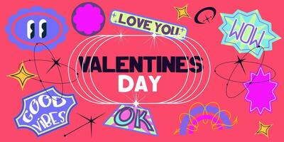 Y2K template background for valentines day with stickers. 90s retro design with stickers. Trendy aesthetic background geometric. Flat illustration vector