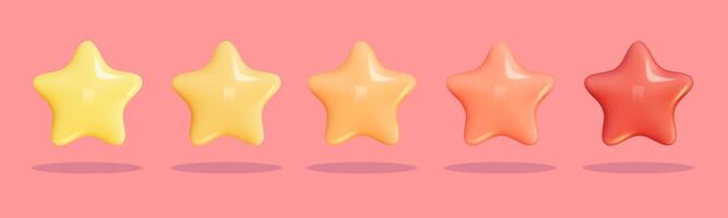 Star 3D Review plastic render. Set star for feedback and rank. 3d cartoon game element. Shape for app and game design. illustration. vector