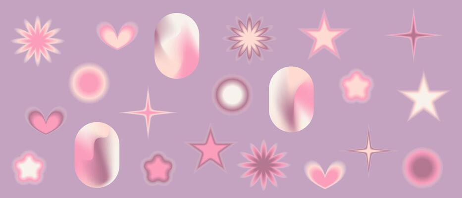 Gradient Y2k shape blur set. Flower, star, planet blurry aesthetic y2k. pastel form illustration. Aura gradient shape