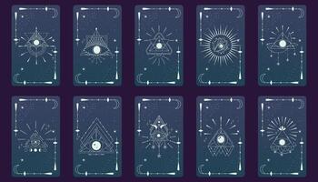 tarot tarjeta conjunto con místico ojo pirámide y celestial borde. boho esotérico tarot tarjeta con ojo y marco. ilustración. sagrado geometría celestial triángulo vector