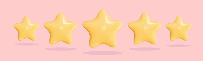 Star 3D Review plastic render. Set star for feedback and rank. 3d cartoon game element. Shape for app and game design. illustration. vector