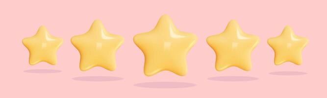 Star 3D Review plastic render. Set star for feedback and rank. 3d cartoon game element. Shape for app and game design. illustration. vector