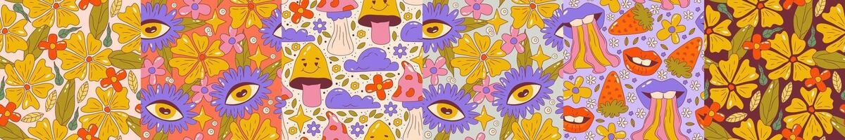 Trippy groovy flower seamles pattern set. Retro groovy floral pattern with daisy, eye, mushroom and cloud. Psychedelic cartoon design. Summer seamless background. illustration vector