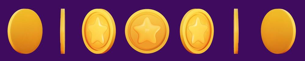 Gold Coin set 3d render. Game Money on dark background. Coin with star for game reward and prize. 3d illustration. vector