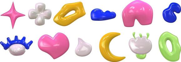 3d set y2k colorful glossy plastic element set. Abstract shape plastic render. Y2K form heart, star and flower. illustration 3d render. vector