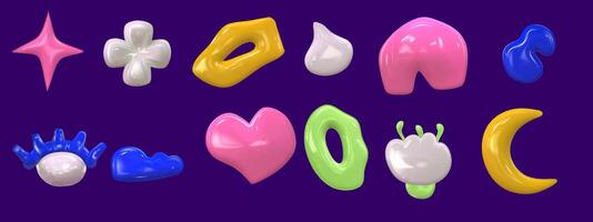 3d set y2k colorful glossy plastic element set. Abstract shape plastic render. Y2K form heart, star and flower. illustration 3d render. vector