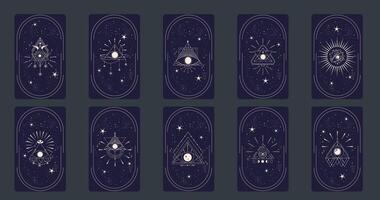 Celestial Esoteric Frame set with pyramid eye isolated. Bohemian celestial arch with star and trangle. Mystic element simple illustration. Boho arch geometry eye. vector