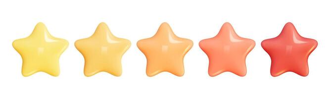 Star 3D Review plastic render. Set star for feedback and rank. 3d cartoon game element. Shape for app and game design. illustration. vector