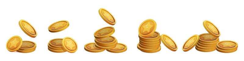 Game Coin Stack set 3d render isolated. Gold Money on white background. Coin with star for game reward and prize. 3d illustration. vector