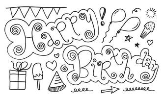 set of hand drawn doodle cartoon objects and symbols on the birthday party. vector