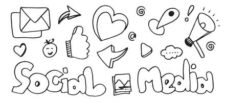 line art Doodle cartoon set of objects and symbols on the Social Media theme. vector