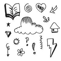 Hand drawn set elements, black on white background.Arrow, heart, book, cloud, thunderbolt for concept design. vector