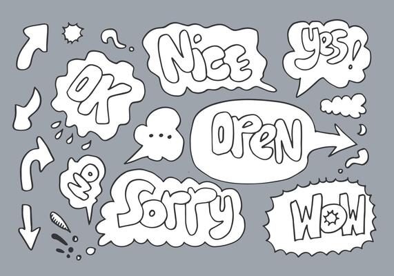 Hand drawn arrows, borders set with handwritten textOK,YES,NO,OPEN,SORRY,WOW. icon.