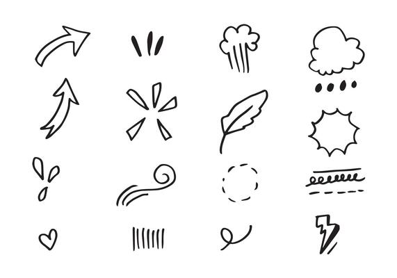 Set of cute hand drawn line scribble expression signs.emoticon effects design elements, cartoon character emotion symbols. illustration.