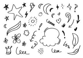 Hand drawn doodle design elements, black on white background. cloud, stars, emphasis, Arrow, crown. doodle sketch design elements. vector