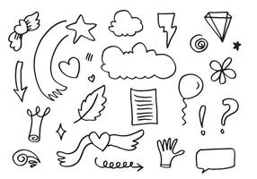Hand drawn doodle design elements, black on white background.arrow, emphasis, heart, rain, crown, star, thunderbolt. doodle sketch design elements. vector