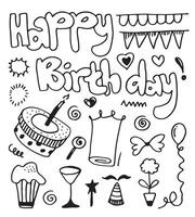 set of hand drawn doodle cartoon objects and symbols on the birthday party. vector