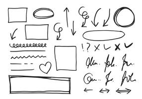 Doodle lines and curves.Hand drawn check and arrows signs. Set of simple doodle lines, curves, frames and spots. Collection of pencil effects. Doodle border. Simple doodle set. vector