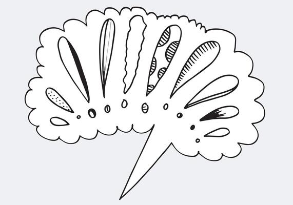 Image of exlamation mark icon in doodle style on white background.