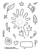 hand drawn set element,black on white background.arrow,leaves,speech bubble,heart,light,king,emphasis,swirl,for concept design. vector