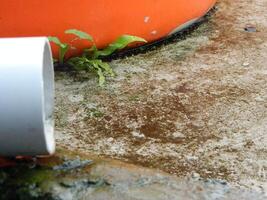 Photo of rainwater from pipes and floors on the top floor of an urban building