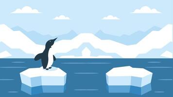 penguin stands on ice in the arctic and ice mountains in the background illustration vector