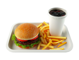 a hamburger and fries on a tray with a drink png