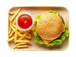 hamburger and fries on a tray with a ketchup and a side of fries png