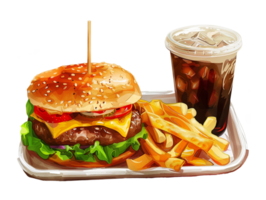 une Hamburger et frites sur une plateau avec une boisson png