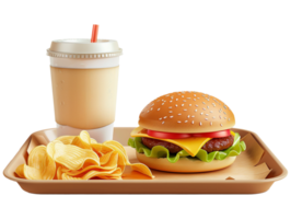 a hamburger and fries on a tray with a drink png