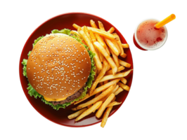 a hamburger and fries on a tray with a drink png