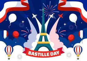 contento Bastille día vector ilustración en 14 julio con francés bandera, cinta y eiffel torre en nacional fiesta plano dibujos animados antecedentes