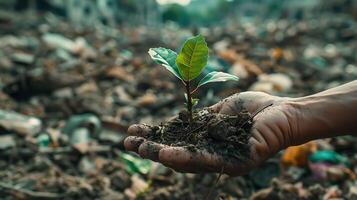 en medio de el escombros y basura, un verde árbol símbolo de esperanza aparece foto