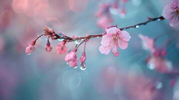 sakura ramas y agua gotas en un pacífico primavera foto