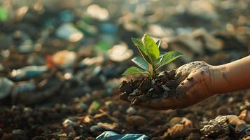 Amidst the rubble and rubbish, a green tree symbol of hope appears photo