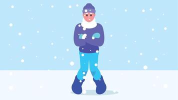 man standing and freezing in the snow with snowfall illustration vector