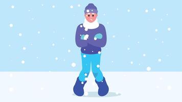 hombre en pie y congelación en el nieve con nevada ilustración vector