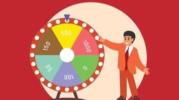 show host is spinning a fortune wheel with winning side illustration vector