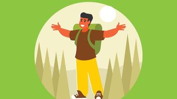 a backpack traveller enjoys walking in the nature around him vector