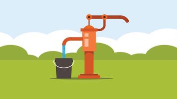 old vintage water pump filling a bucket in a garden illustration vector