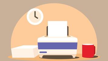 office desk supplies printer and cup of coffee and papers on the desk illustration vector