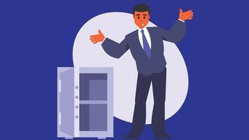 Business man stands beside an open empty safe illustration vector