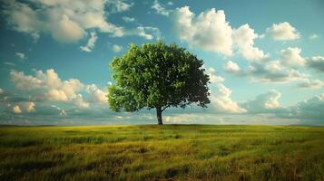 Lonely green oak tree in the field photo