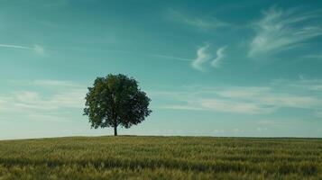 Lonely green oak tree in the field photo