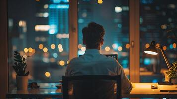 Young businessman working overtime in the office. photo