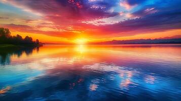 An image of a vibrant sunset over a serene lake, with colorful reflections shimmering on the water photo