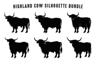 Highland Cattle Silhouette Bundle, Highland Cow black Silhouettes Set vector