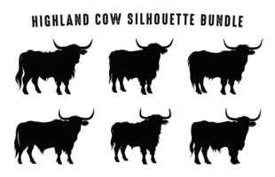 Highland Cattle Silhouettes Set, Highland Cow Silhouette black Clipart Bundle vector