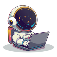 Cute astronaut in spacesuit working using laptop png