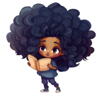 Cute woman with afro hairstyle holding book png